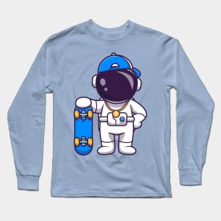 Cute Cool Astronaut With Skateboard Cartoon Long Sleeve T-Shirt